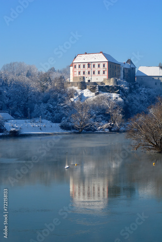 Ozalj castle above the Kupa river in Croatia in winter