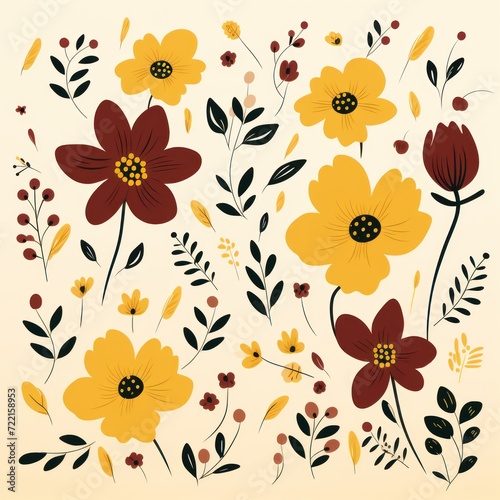 Maroon vector illustration cute aesthetic old mustard paper with cute mustard flowers