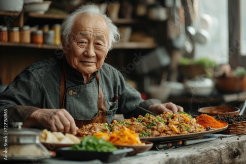  Elderly Asian chef presenting a platter of traditional dishes © Denis