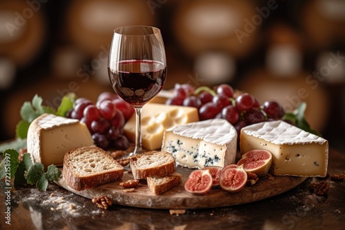 A glass of red wine beside a gourmet cheese platter, various aged cheeses, grapes, rustic bread
