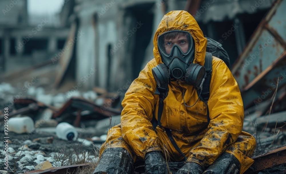 A man in a yellow suit against radiation sitting in a bunker with radiation waste A man in a yellow suit against radiation sitting in a bunker with radiation waste
