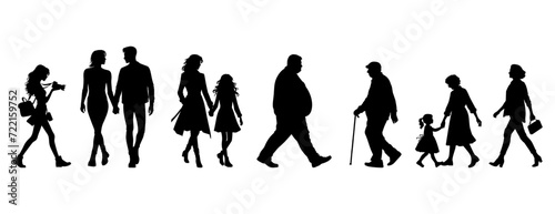 Vector illustration. Set of silhouettes of walking people. Walk. Sticker. Minimalism.