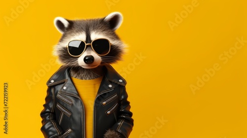 A raccoon is wearing sunglasses and a leather jacket. Isolated on a yellow background. Generative AI. photo
