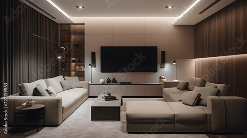 Contemporary Elegance: Chic Living Room with Modern Lighting Design AI-Generative photo