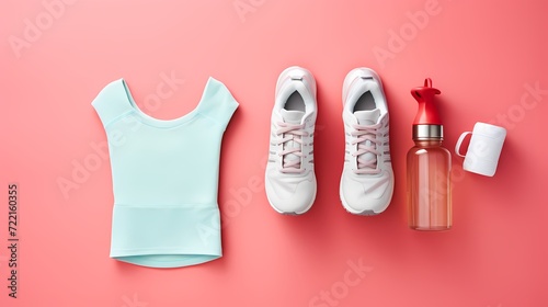 A fitness-themed flat lay with sneakers, a water bottle, and workout accessories, symbolizing an active and health-conscious lifestyle