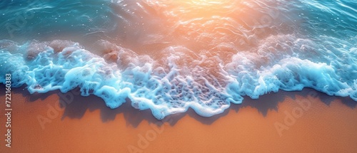 flat lay abstract sand beach from above with light blue transparent water wave and sun lights  summer vacation background concept