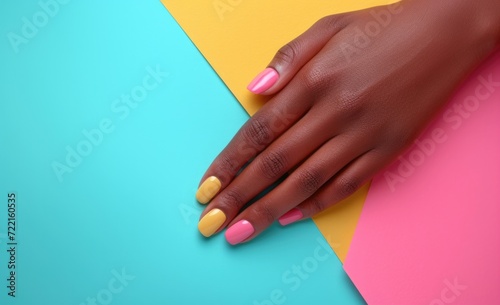 hand with pink, yellow , summer manicure