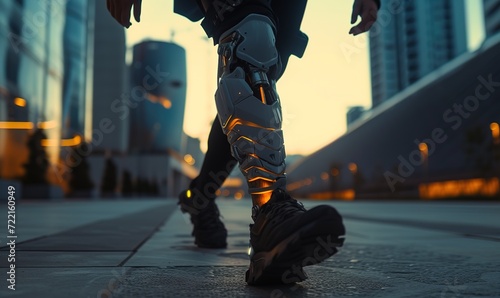 Futuristic prosthetic legs illuminated in a modern urban environment showcasing advanced technology and human innovation. photo