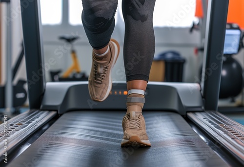 Single-minded determination: A close-up of an athlete's legs running on a treadmill, capturing the essence of indoor fitness training