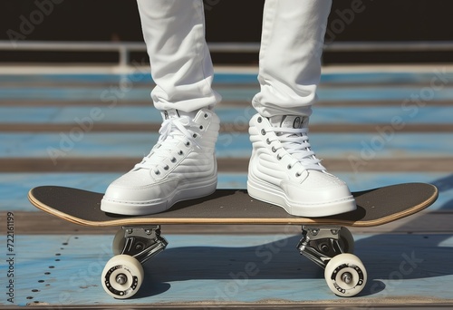 Close-up of a skateboarder's white sneakers ready to skate on the blue striped skate park surface