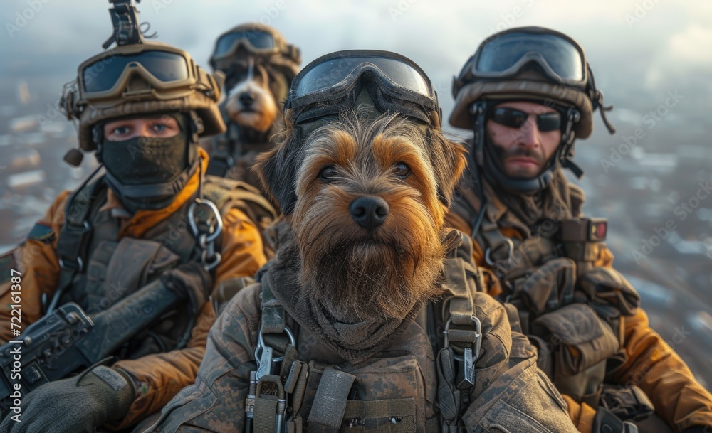  Yorkie dogs as soldiers, dressed in full combat gear, jump with a parachute