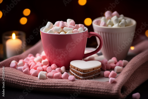 Valentine's Day card. A cup of cocoa with marshmallows. Sweets and treats