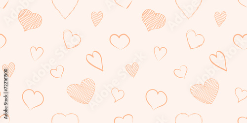 Heart seamless pattern, love peach hand drawn background for Valentines Day. Thin line sketch design. Cute holiday vector illustration