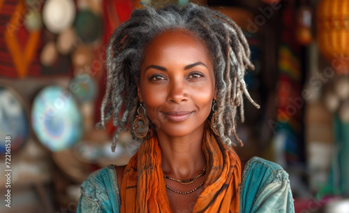 Portrait of a mature woman with dreadlocks looking at the camera with a smile