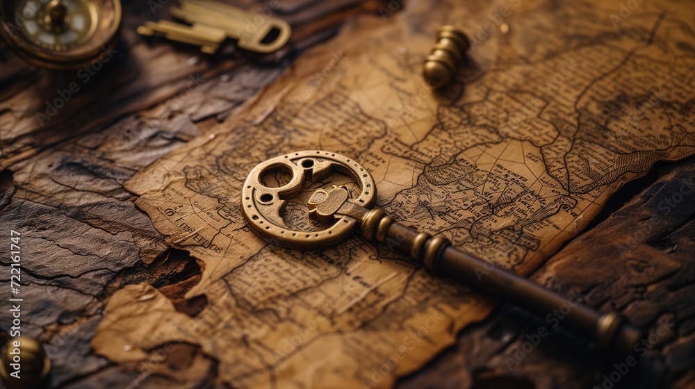 Vintage Key on an Old Map with Compass in the Background
