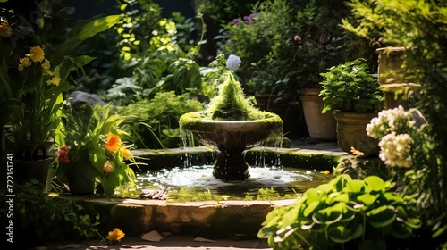 A garden scene with fresh herbs and a water fountain, emphasizing the natural and calming elements associated with health and beauty