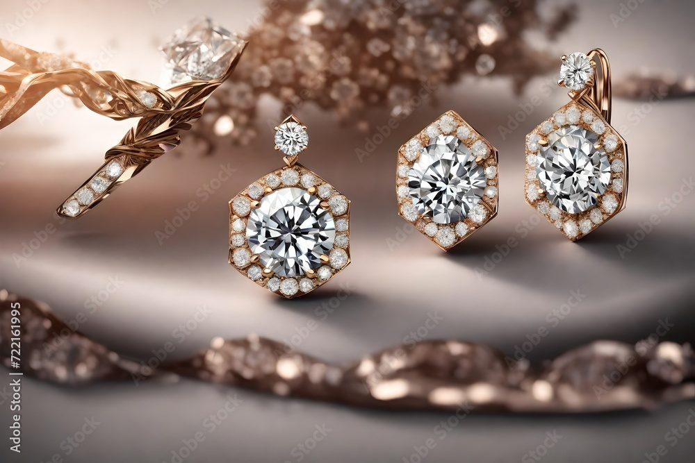 An elegant display of diamond earrings with unique cuts and settings, the high-definition camera revealing the beauty of their designs and reflective surfaces in exquisite An elegant display of diamond earrings with unique cuts and settings, the high-definition camera revealing the beauty of their designs and reflective surfaces in exquisite