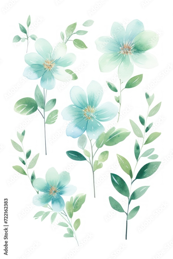 Mint green several pattern flower, sketch, illust, abstract watercolor, flat design