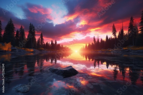 Beautiful sunset over the lake in the mountains. 3d rendering