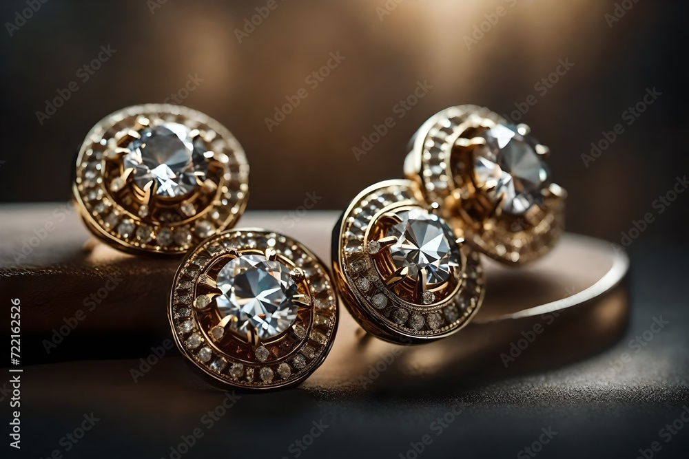 A sophisticated composition of diamond earrings against a neutral backdrop, the HD camera showcasing their intricate details and timeless charm in realistic A sophisticated composition of diamond earrings against a neutral backdrop, the HD camera showcasing their intricate details and timeless charm in realistic