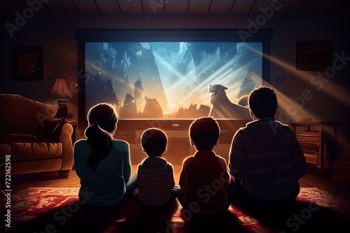 a family with children watches a video on a large home theater. Family leisure
