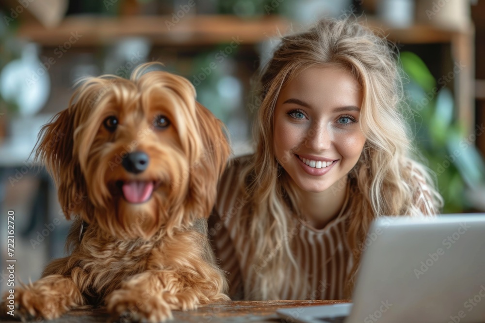 woman working with her laptop accompanied by her pet dog in the modern beautiful kitchen of the house woman working with her laptop accompanied by her pet dog in the modern beautiful kitchen of the house
