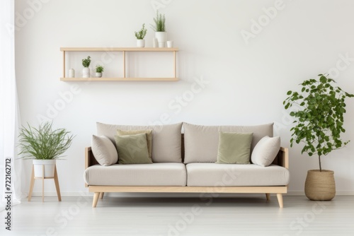 minimalistic interior in Scandinavian style. Modern light gray sofa, green plant in a pot, several shelves on the wall