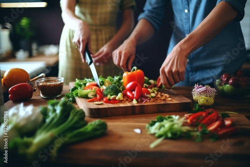 couple making vegetable salad in the kitchen. Vegetarianism, healthy eating, diet photo