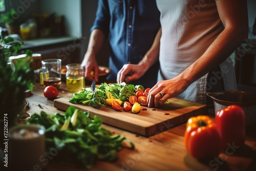 couple making vegetable salad in the kitchen. Vegetarianism, healthy eating, diet