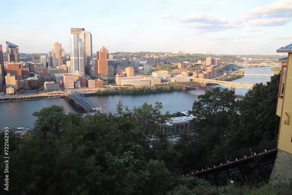 Panoramic view of downtown and river. Architecture of Downtown Pittsburgh. Southwest Pennsylvania at the confluence of the Allegheny River and the Monongahela River, the Ohio River.
