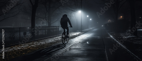 Cyclist Riding on a Foggy Street at Night.