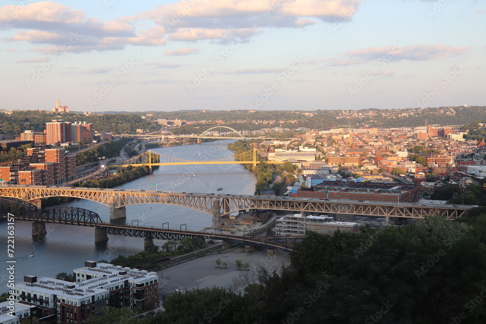 Panoramic view of downtown and river. Architecture of Downtown Pittsburgh. Southwest Pennsylvania at the confluence of the Allegheny River and the Monongahela River, the Ohio River.
