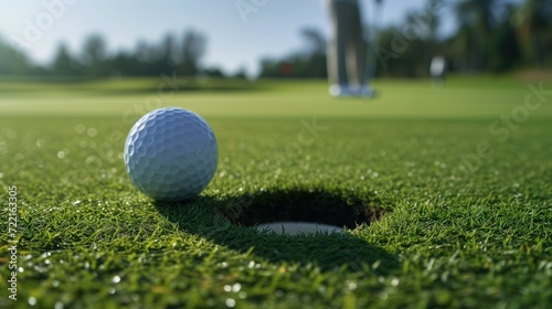 A close-up of a golf ball near the hole. 