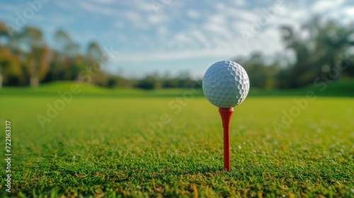 A close-up of a white golf ball on a bright red tee, ready for tee-off in golf course.  photo