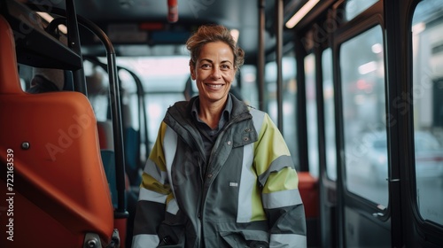 Smiling portrait of a senior female bus driver 
