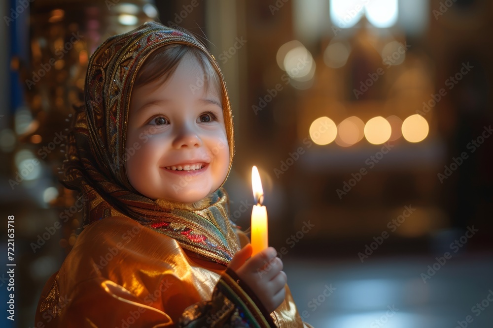 cute smiling little child in girl headscarf holding a candle inside a russian orthodox church cute smiling little child in girl headscarf holding a candle inside a russian orthodox church