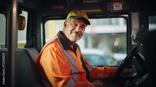 Smiling portrait of a senior male bus driver 