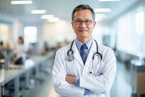 A portrait of an Asian doctor facing the camera. He is smiling with confidence and friendly attitude. Generative AI