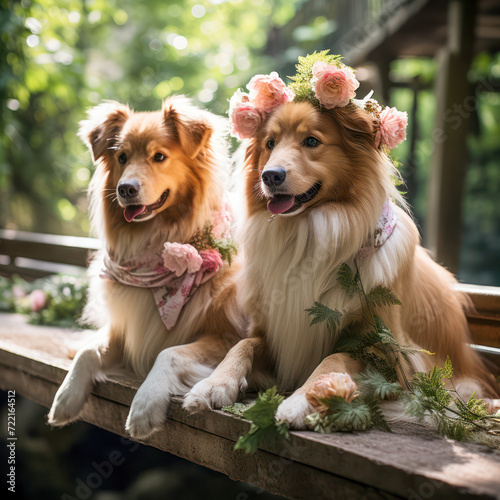 Two dog sitting on bench in park with warm scarf in summer  day