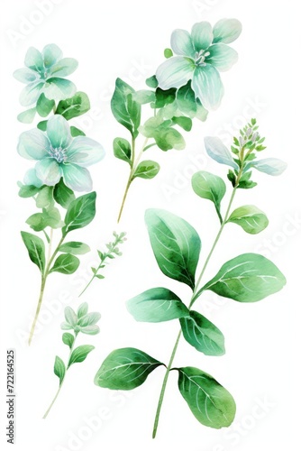 Mint several pattern flower, sketch, illust, abstract watercolor, flat design © Celina