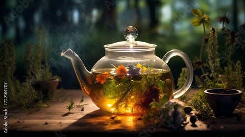 A herbal tea brewing in a transparent teapot surrounded by fresh herbs, creating a soothing scene associated with health and beauty