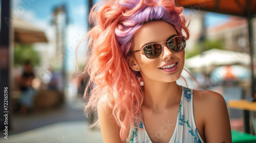 Confident city girl with vibrant hair poses stylishly in the scorching heat.