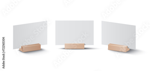 Blank card holder set. Mockup template or menu frame. Realistic blank paper sheet. Desktop identification plate, nameplate isolated on white background