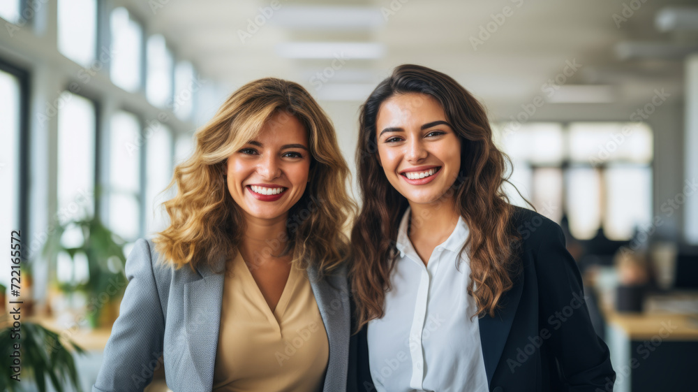 Two confident women in professional attire represent teamwork and professionalism in a bright office. Two confident women in professional attire represent teamwork and professionalism in a bright office.