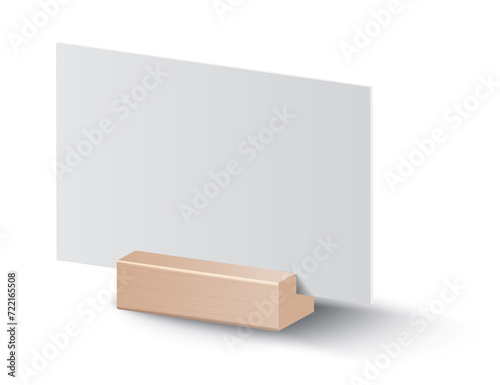 Blank card holder. Mockup template or menu frame. Realistic blank paper sheet. Desktop identification plate, nameplate isolated on white background