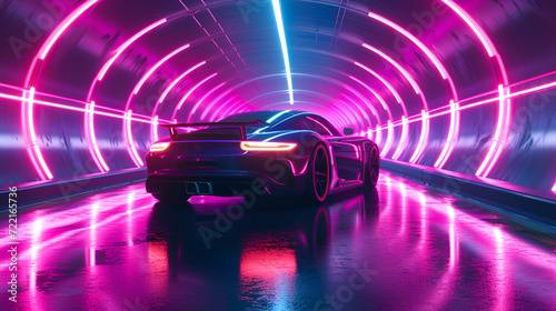 3D rendering of a brand-less generic concept car with neon lights, A captivating image of a car engulfed in a tunnel, AI-Generated