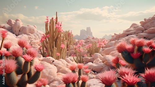 cactus plants with pink blooms in the desert, pink and green desert flora
