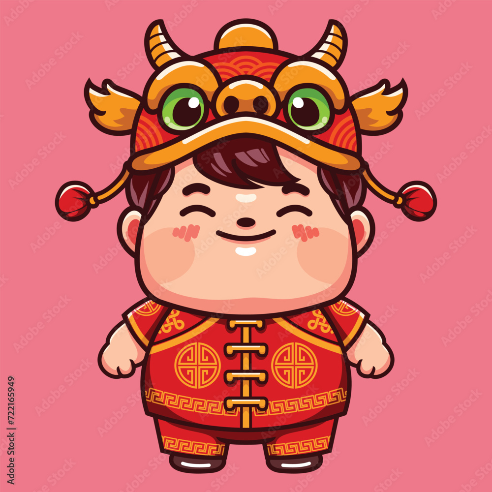 cute boy with traditional chinese clothes and dragon hat for chinese new year elements