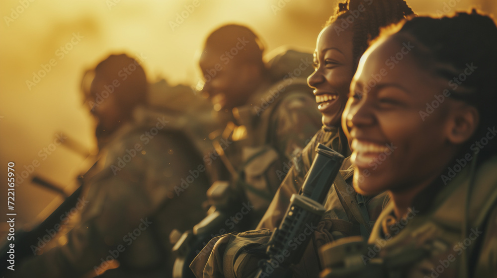 Obraz na płótnie Candid group of black african american female army soldiers laughing and smiling at golden hour. AI generated w salonie