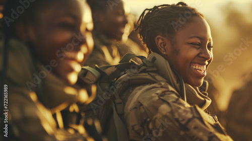 Candid group of black african american female army soldiers laughing and smiling at golden hour. AI generated
